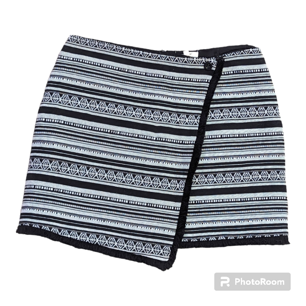 Anthropologie x Mystree Wrap Mini Skirt Aztec Woven Stripes Fringe Edge M